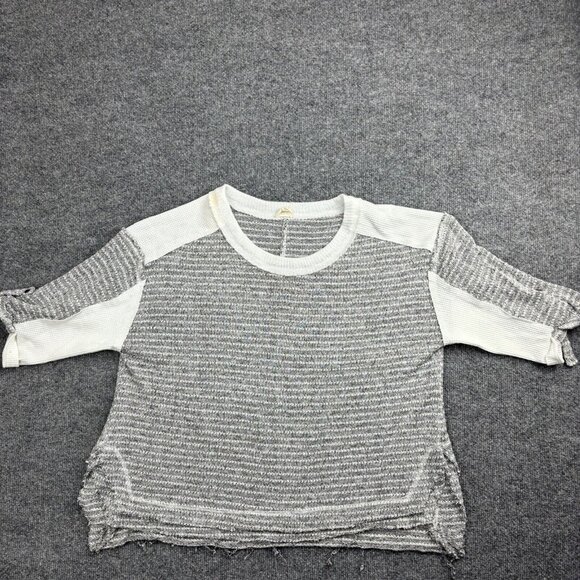 BKE Sweater Women's Large Gray White Stripe Colorblock 3/4 Sleeve Knit Pullover - Picture 1 of 9